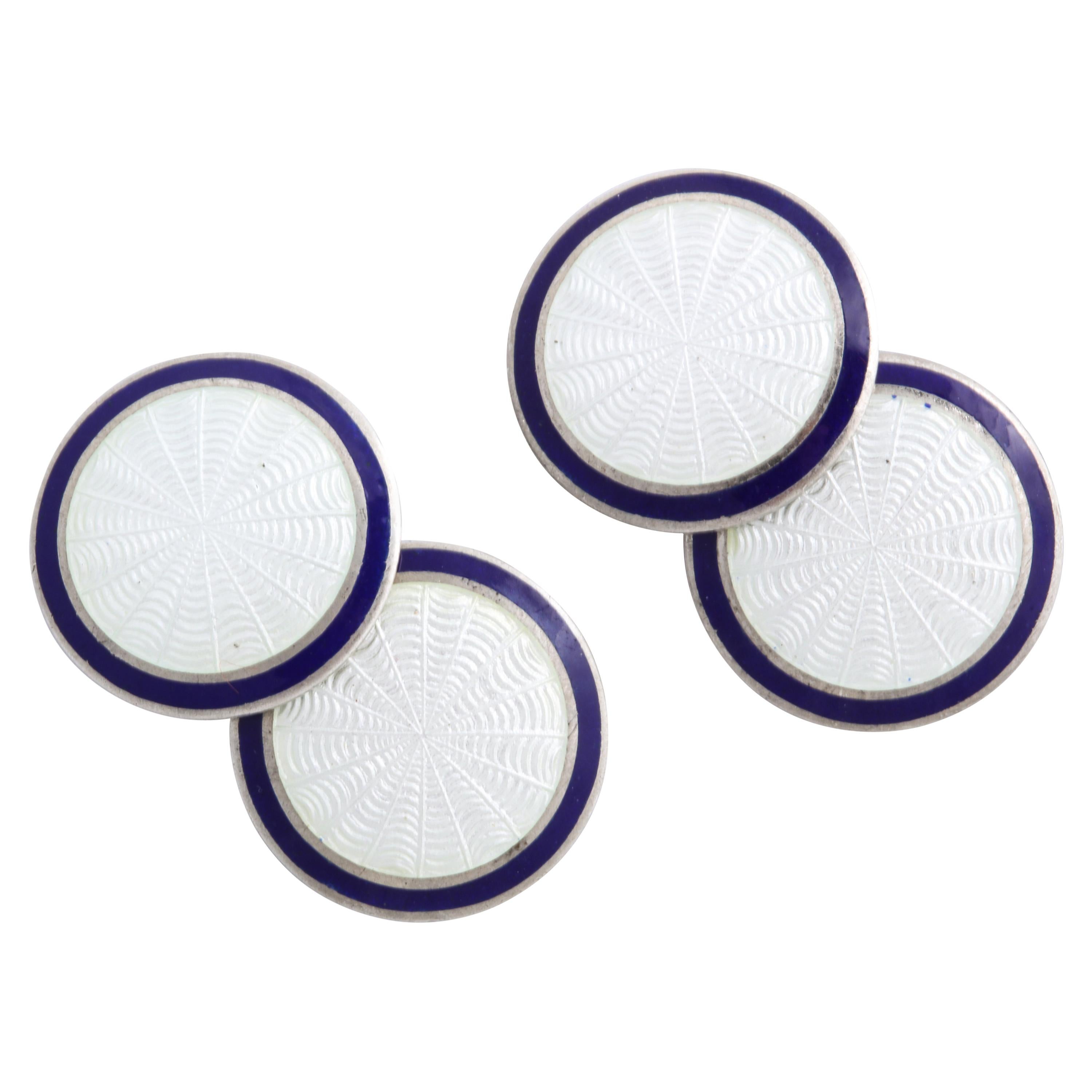 American Art Deco Sterling Silver and Blue and White Guilloche Enamel Cufflinks For Sale