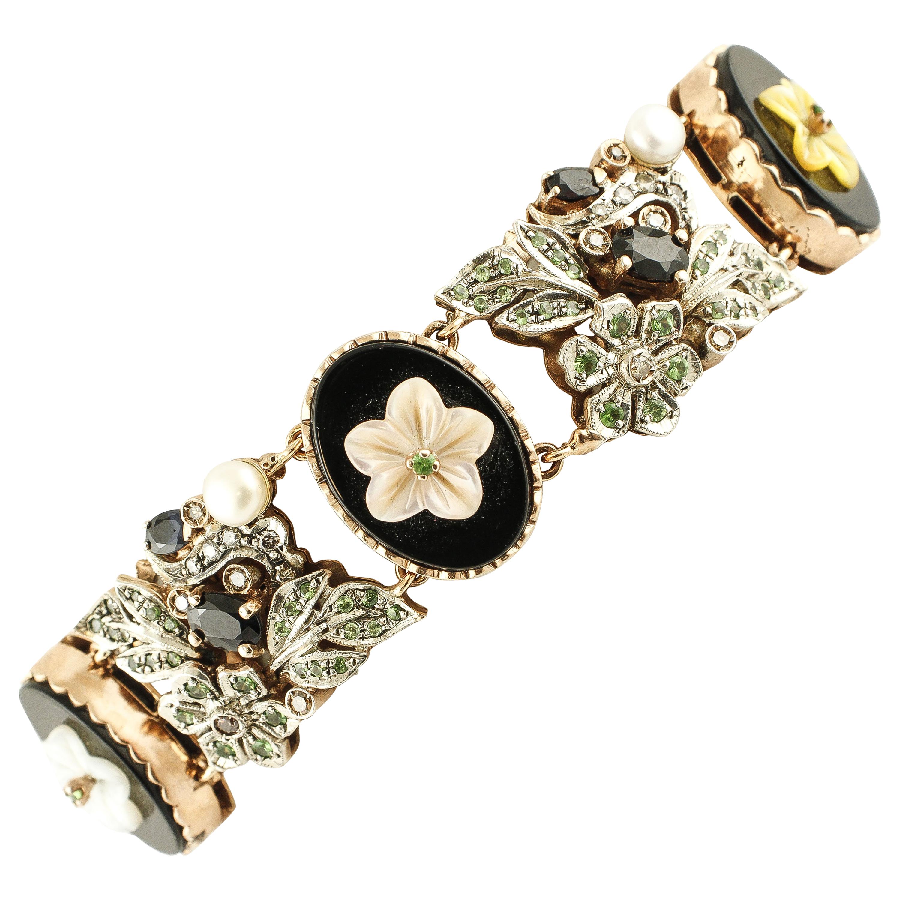 Diamonds, Sapphires, Tsavorites, Stones, Pearl Gold Silver Bracelet For Sale