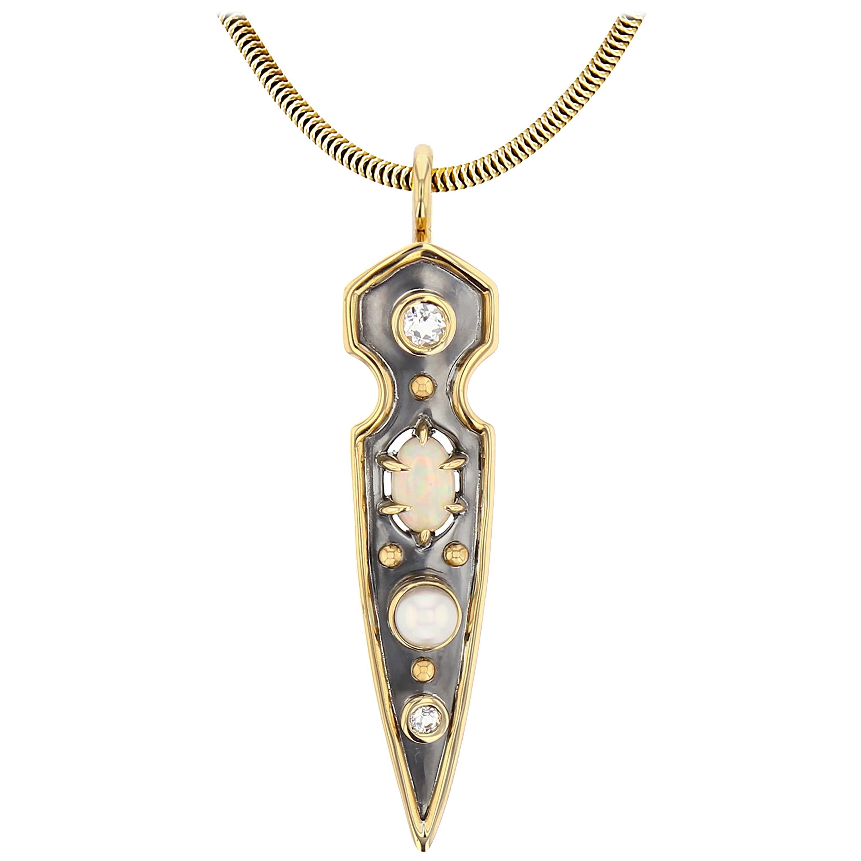 Opal Topaz Akoya Pearls Stylet Pendant Necklace in 18k Yellow Gold by Elie Top