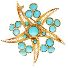 Turquoise Starfish Brooch in 18 Karat Yellow Gold