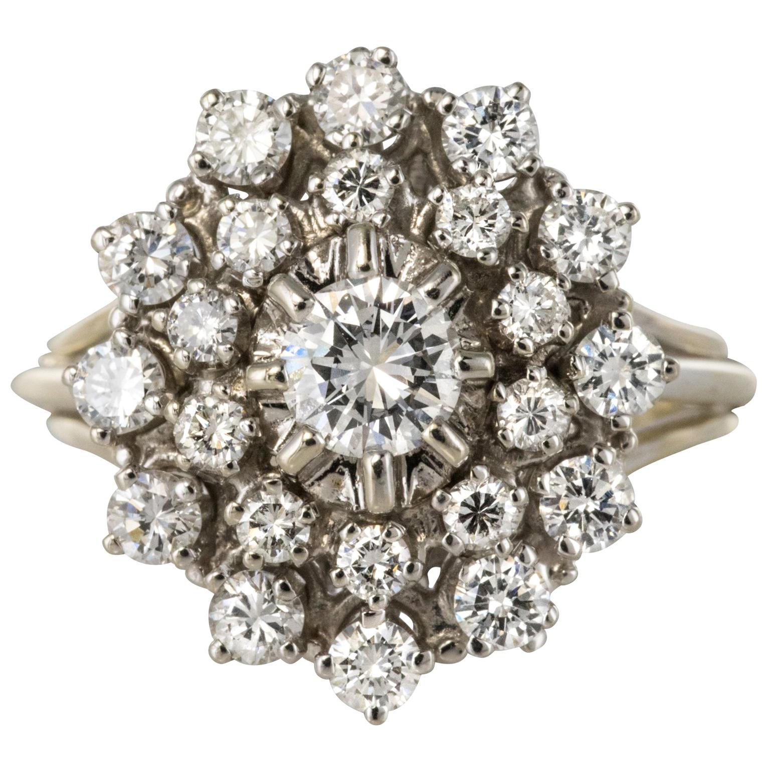 French 1960s Retro 18 Karat White Gold Diamond Cluster Ring
