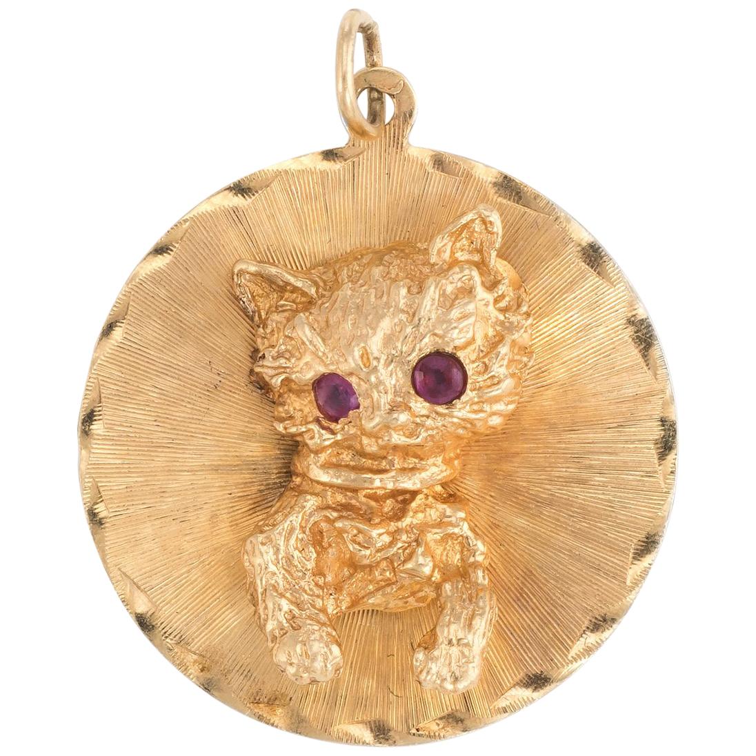 Vintage Cat Medallion Charm Vintage 14k Yellow Gold Estate Fine Animal Jewelry
