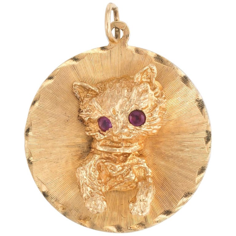 Vintage Cat Medallion Charm Vintage 14k Yellow Gold Estate Fine Animal