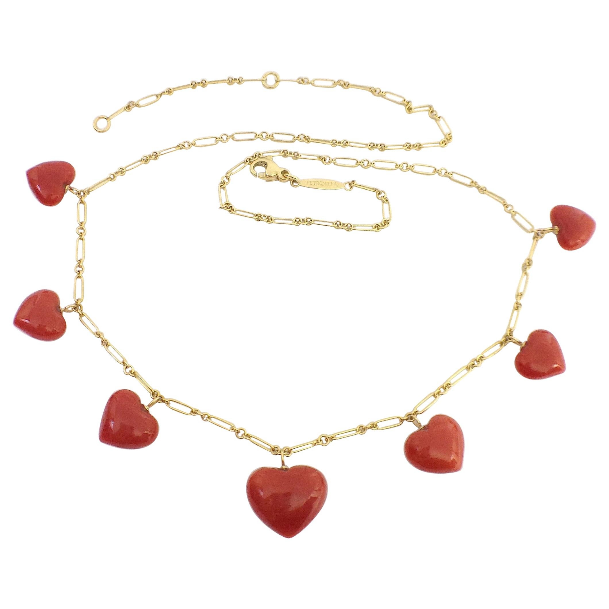 Petronilla Italian Natural Red Coral Heart Necklace Handmade 18 Karat Gold