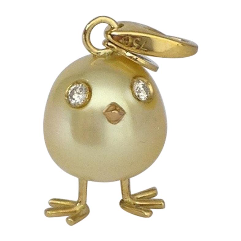 Baby Chick Australian Pearl Diamond Yellow 18 Karat Gold Pendant/Necklace