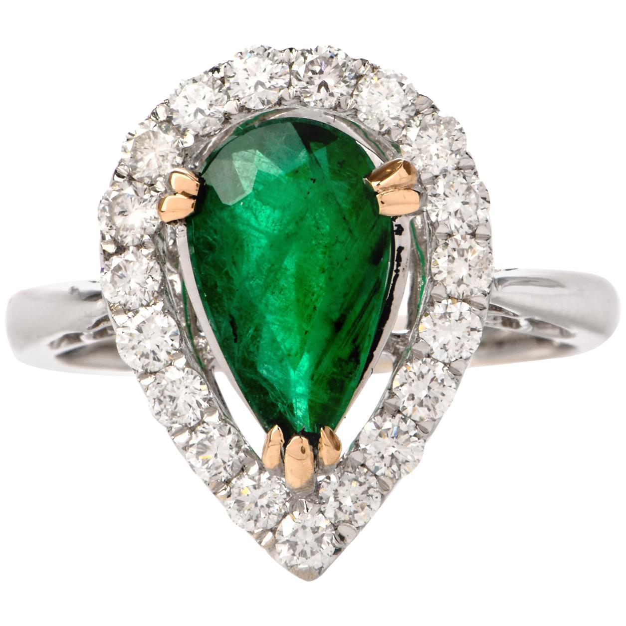 Pear Emerald Diamond Halo 18 Karat Gold Ring