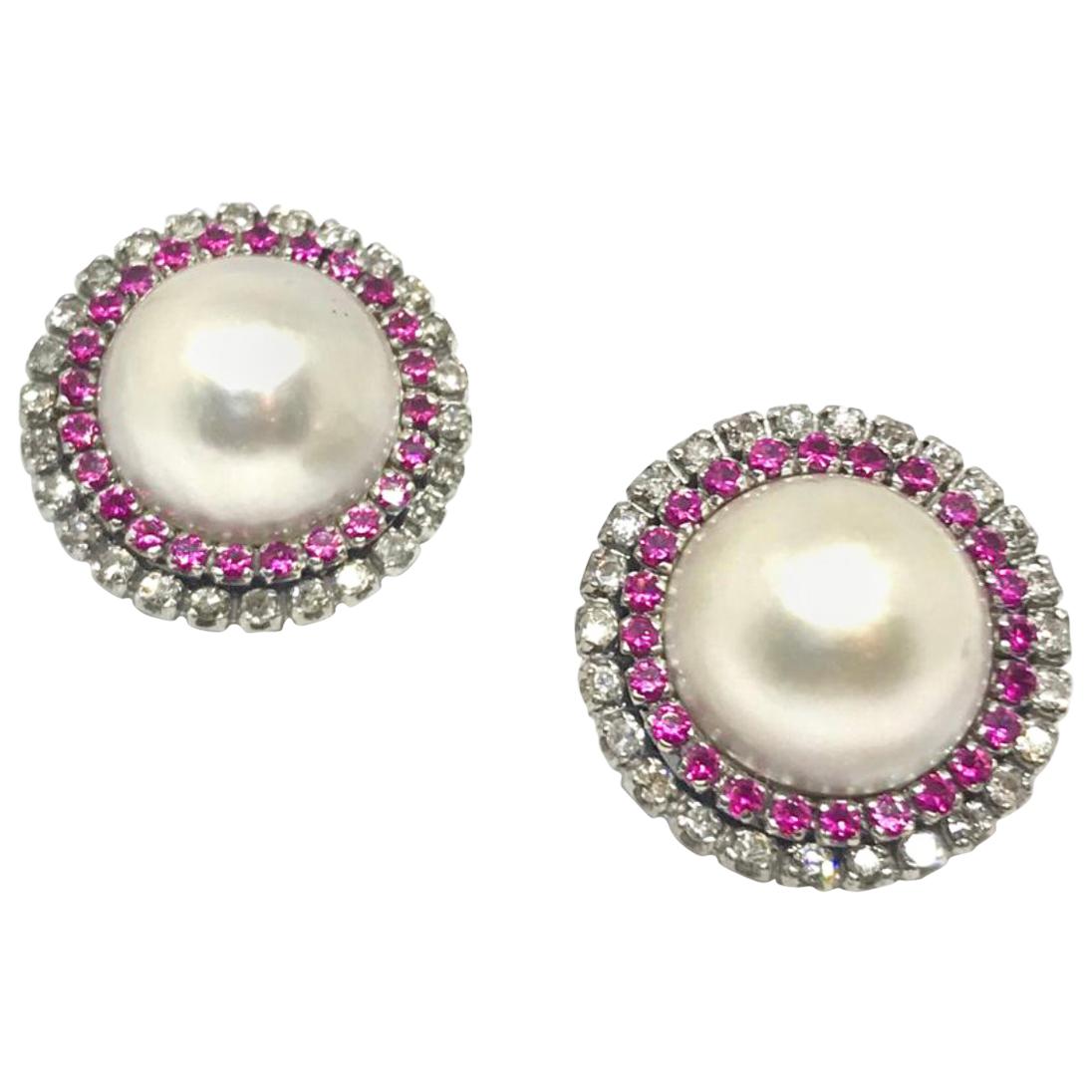 Mabe Pearl, Diamonds and Rubies Earrings from 1950s For Sale