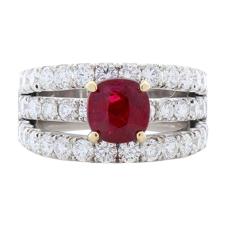GRS Certified 2.01 Carat Cushion Vivid Red Ruby and Diamond Cocktail Gold Ring