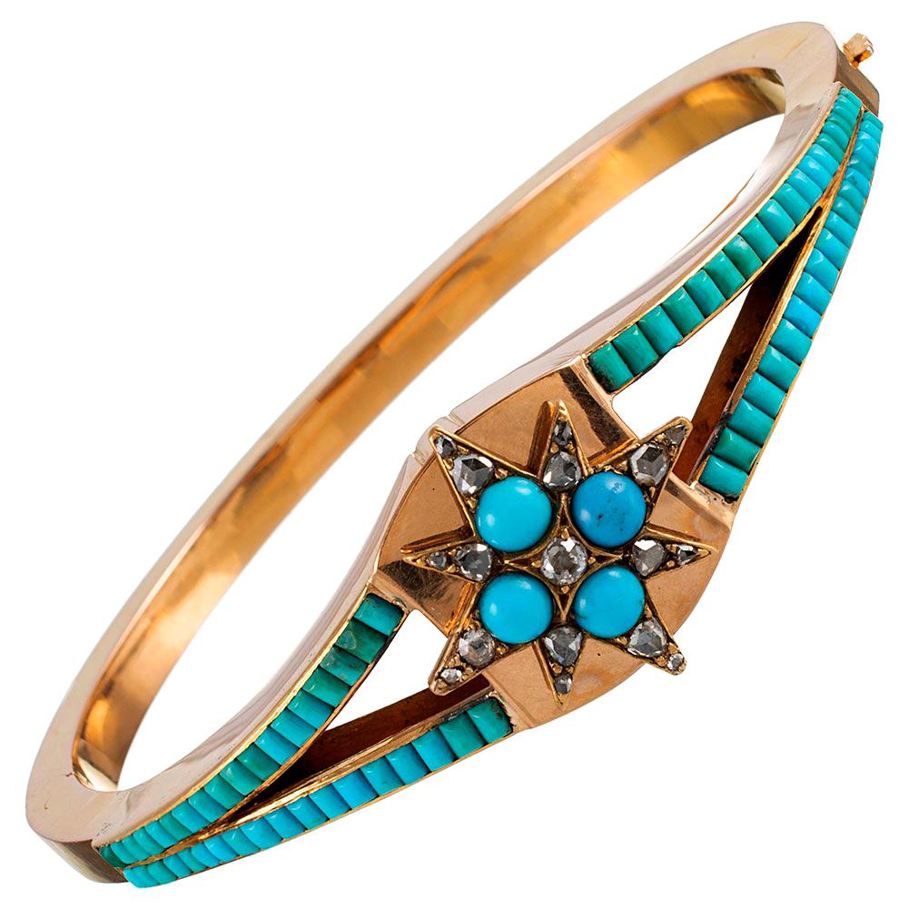 Victorian Turquoise and Diamond Bracelet with Star Motif For Sale