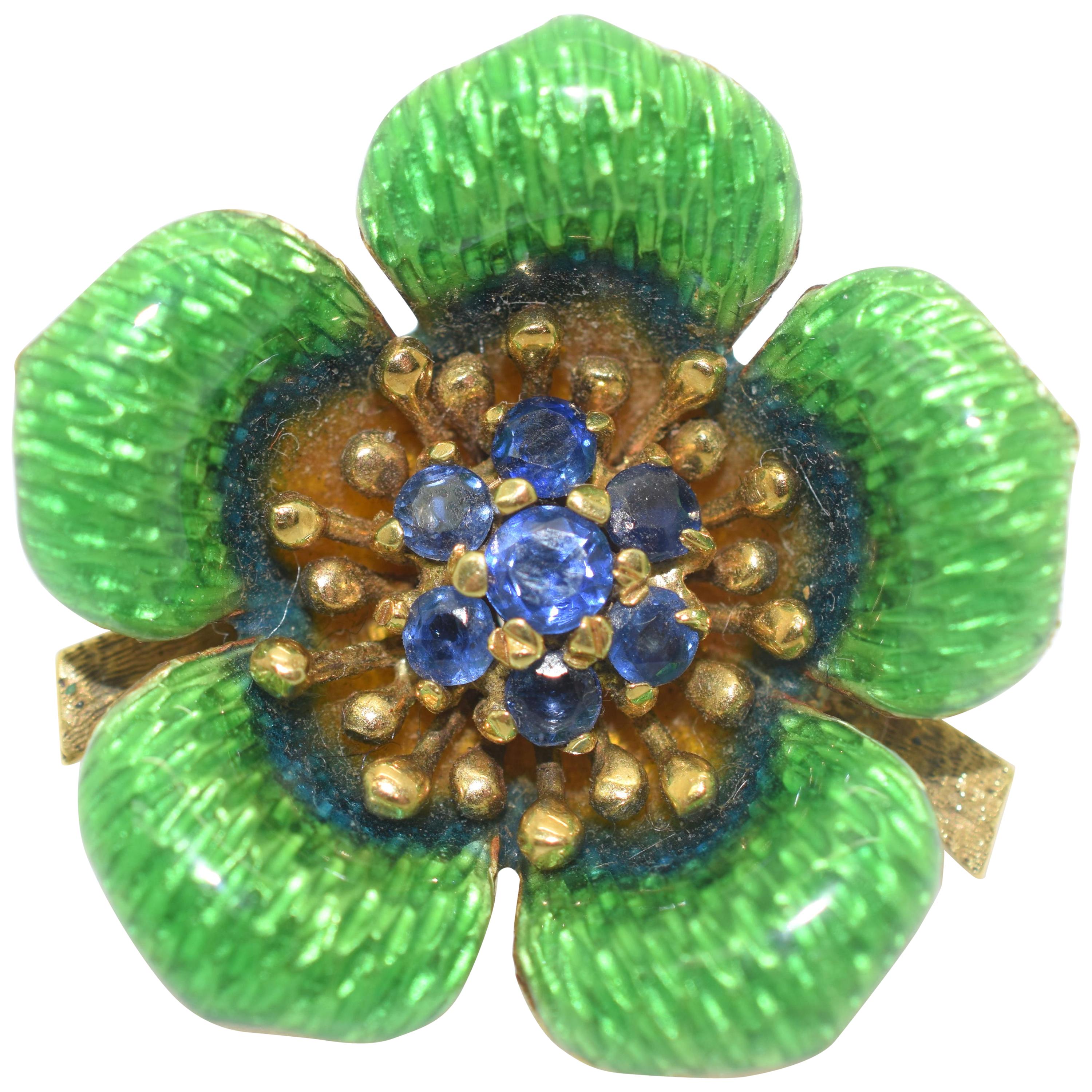 Vintage Tiffany & Co. Green Enamel Flower Brooch 18 Karat Gold Blue Sapphires