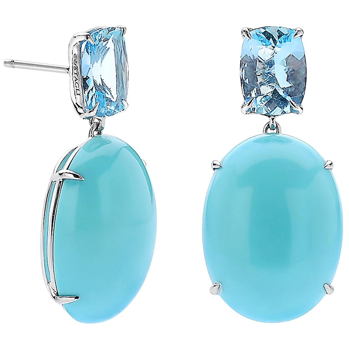 18 Karat White Gold Aquamarine and Sleeping Beauty Turquoise Earrings