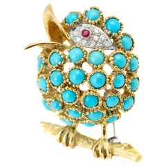 Diamonds, Turquoise and Ruby 18 Karat Gold Bird Brooch