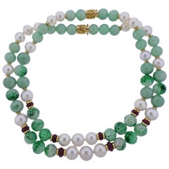 Seaman Schepps Canton Carved Jade Bead Pearl Ruby Gold Necklace Suite