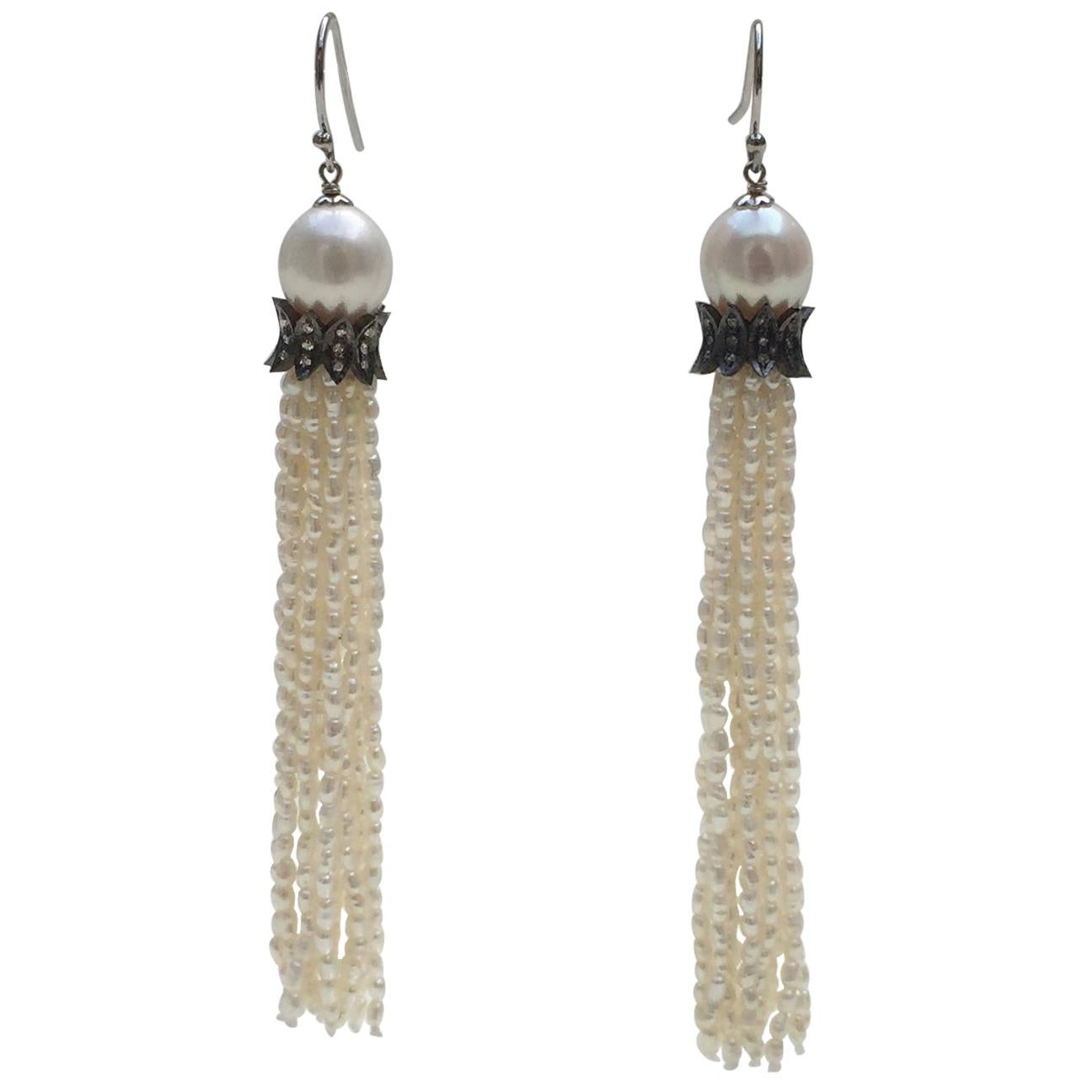 Marina J White Pearl Tassel Earrings with Diamonds and 14 K White Gold Hooks