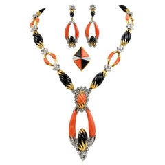 Kutchinsky Diamond, Coral, Onyx Necklace, Earrings, Ring