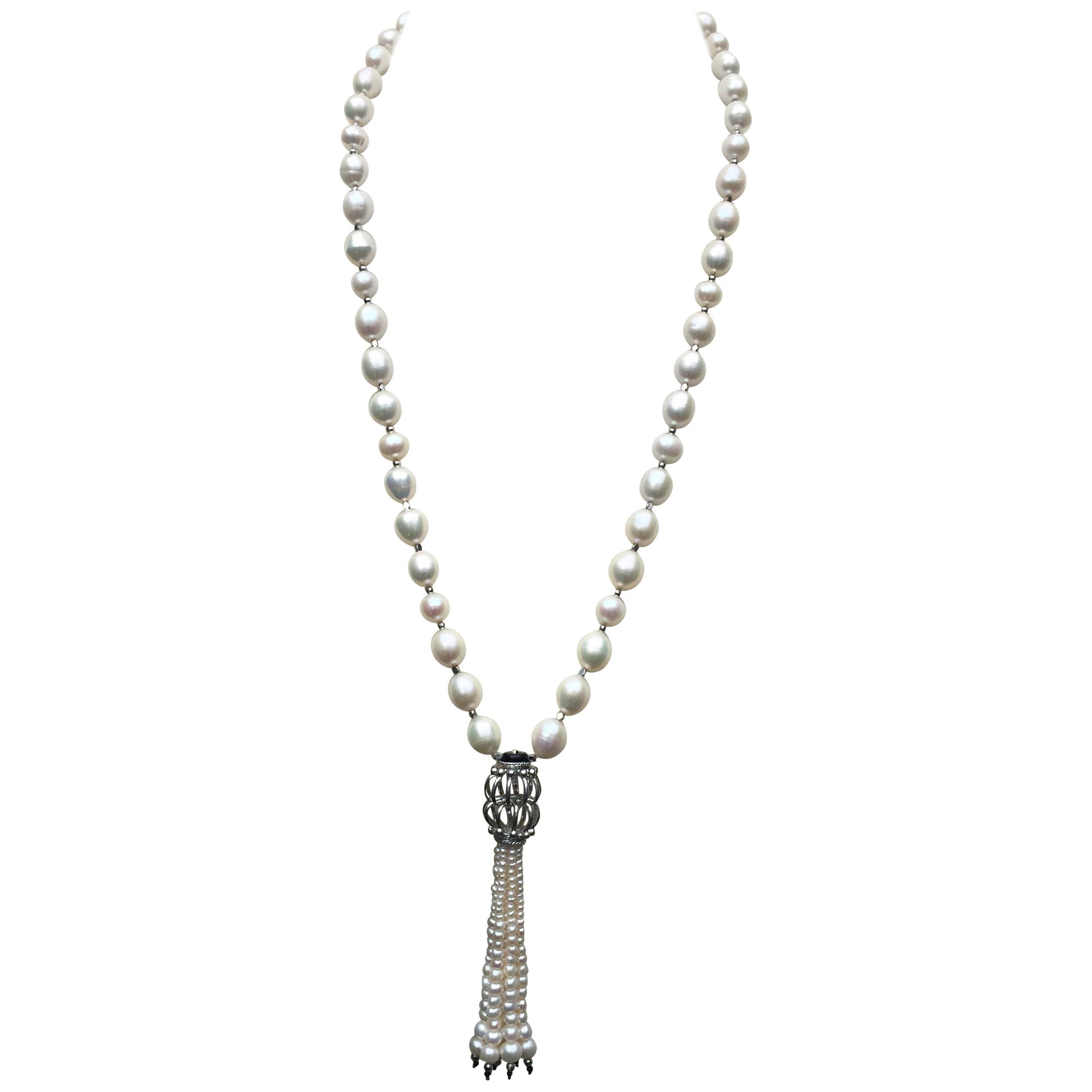 Marina J White Pearl Long Necklace with Sterling Silver Beads and Black Onyx