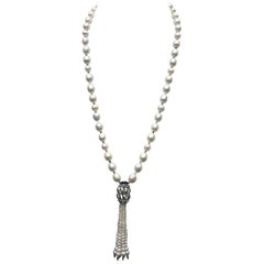 Marina J White Pearl Long Necklace with Sterling Silver Beads and Black Onyx