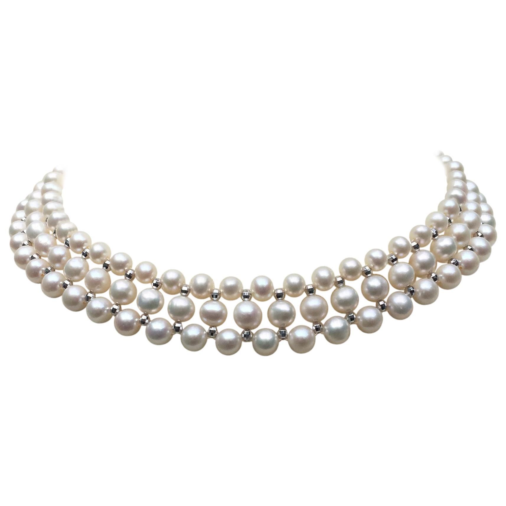 Woven White Pearl Necklace with 14 Karat Gold Faceted Beads and Sliding Clasp