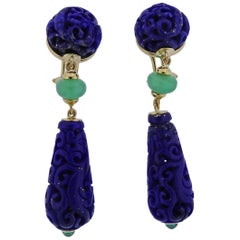 Seaman Schepps Carved Lapis Chrysoprase Gold Canton Earrings