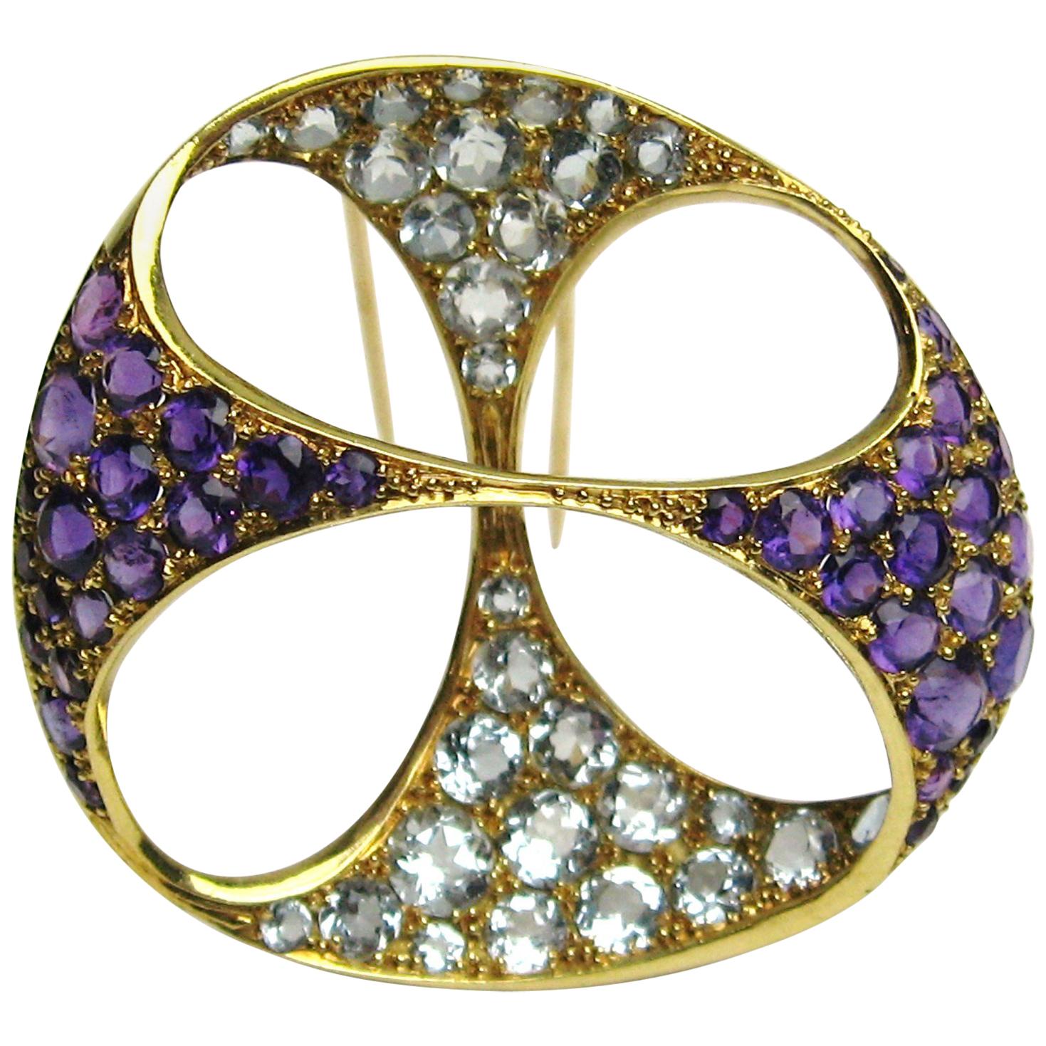 18 Karat Gold Amethyst and Aquamarine Coat Clip Brooch Free Form For Sale