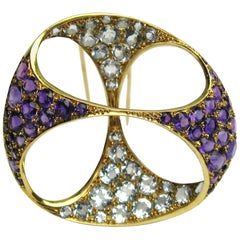 Retro 18 Karat Gold Amethyst and Aquamarine Coat Clip Brooch Free Form