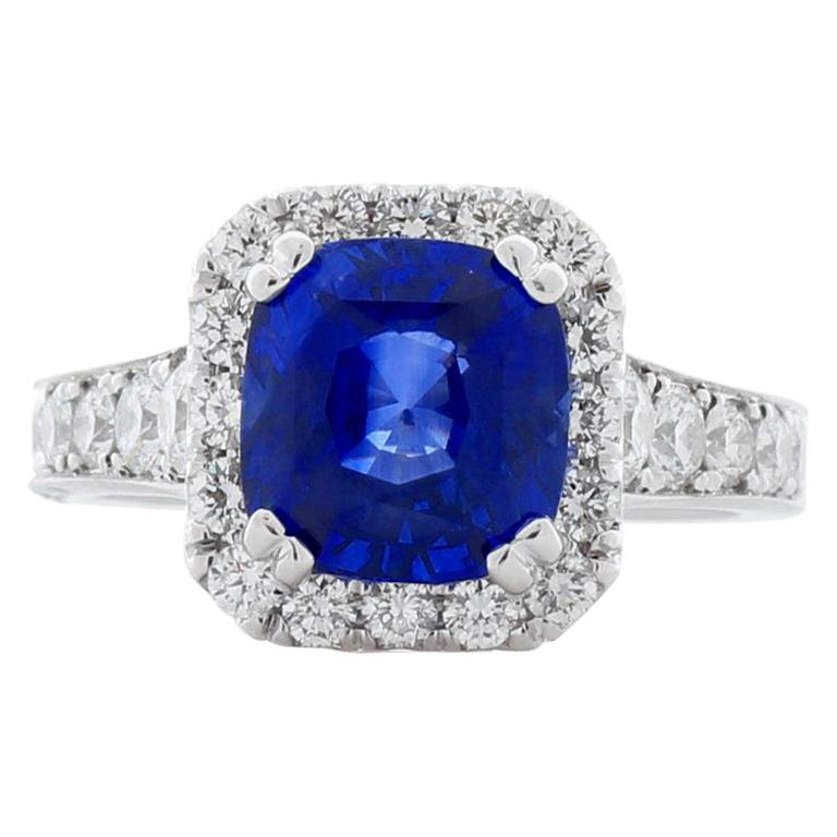 AGL Certified 4.05 Carat Cushion Blue Sapphire and Diamond Ring in 14K ...