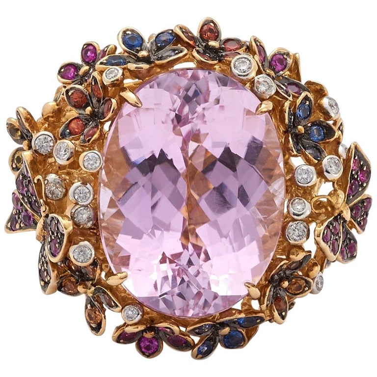 Pink Amethyst Multicolor Sapphire Yellow Gold Butterfly and Flower Ring