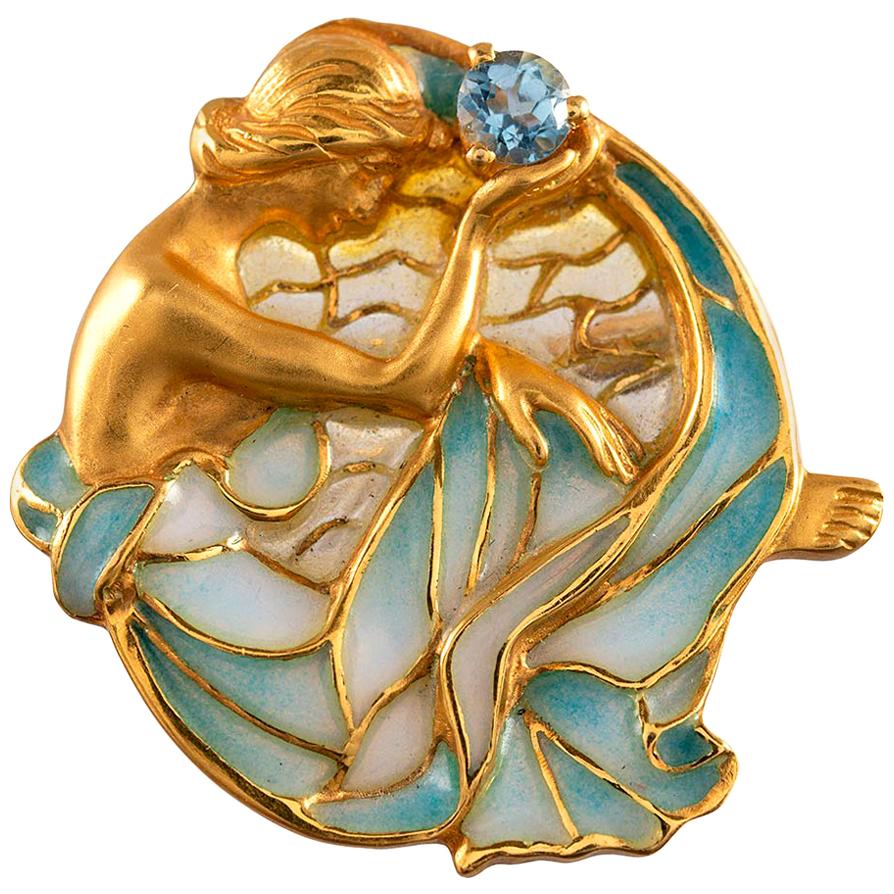 Masriera Enamel and Aquamarine Gold Pin Pendant