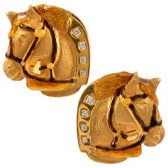 Masriera Enamel and Diamond Gold Horse Motif Cufflinks