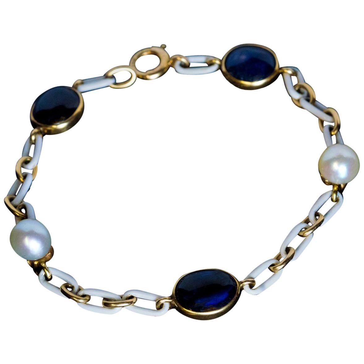 Antique Cabochon Sapphire Pearl Enamel Gold Bracelet For Sale