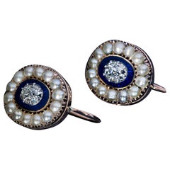 Georgian Era Antique Diamond Enamel Pearl Gold Earrings