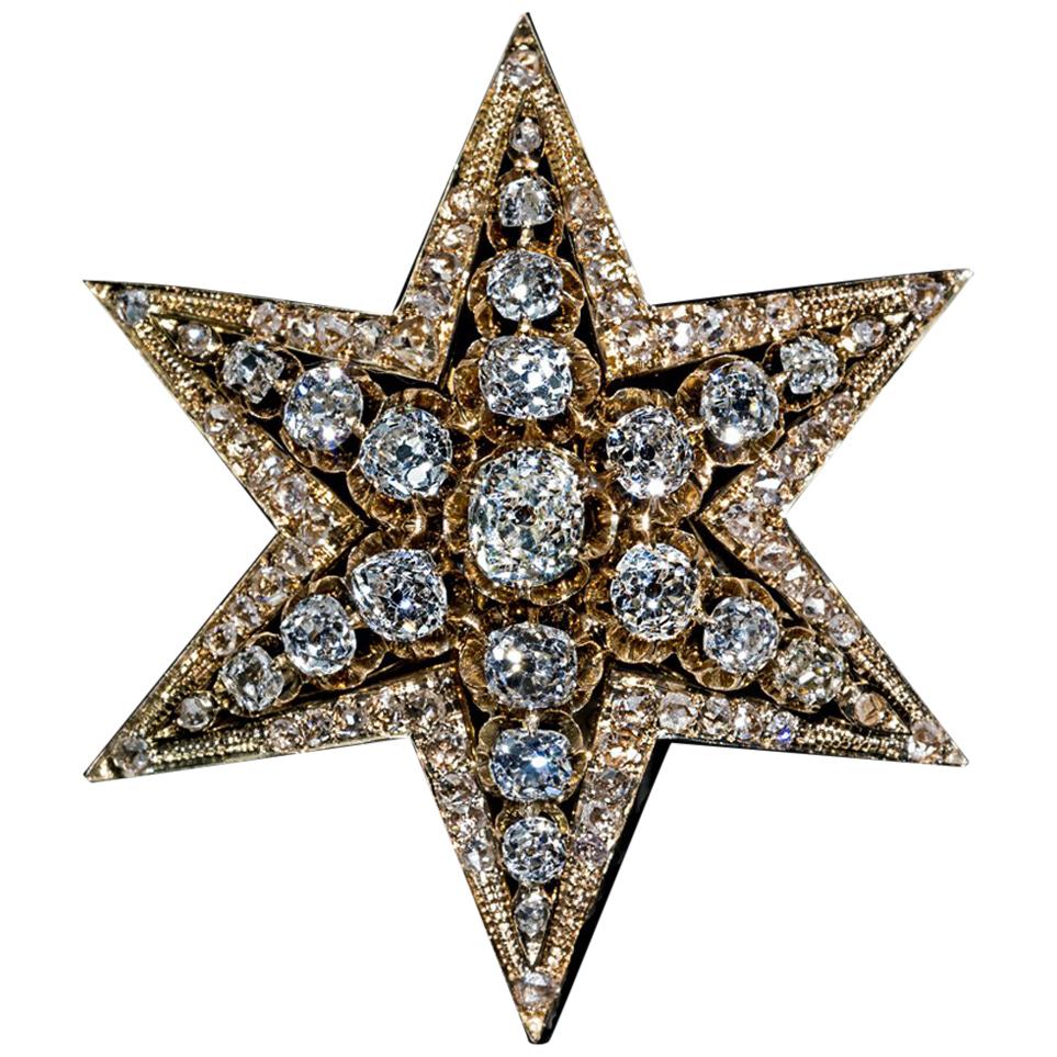 Antique Victorian Era Diamond Star Gold Brooch Pendant