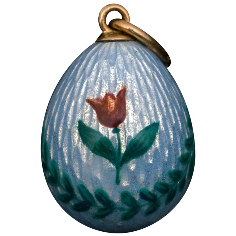 Antique Russian Painted Blue Guilloche Enamel Egg Pendant