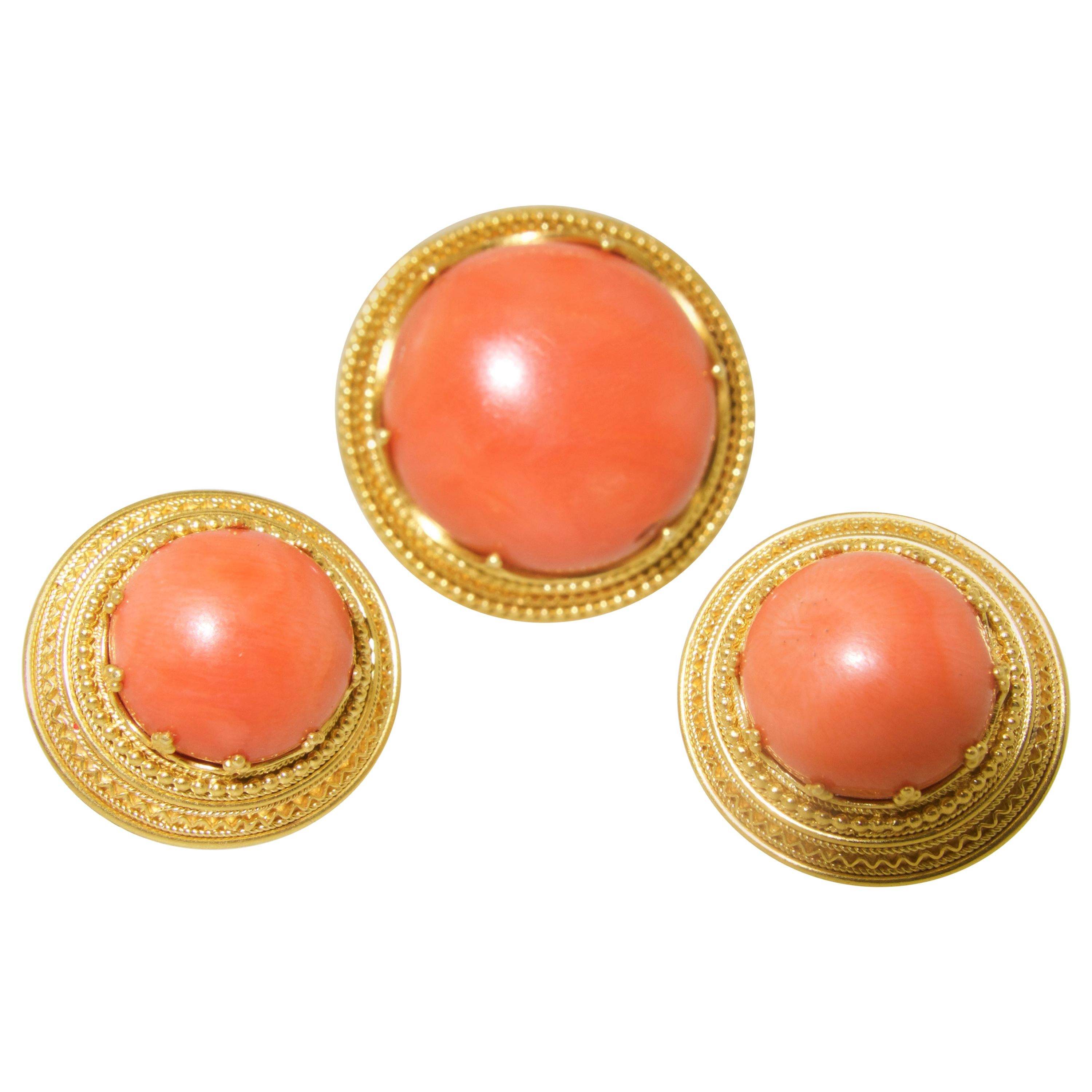 Victorian Etruscan Revival Coral Earrings and Brooch, circa 1975