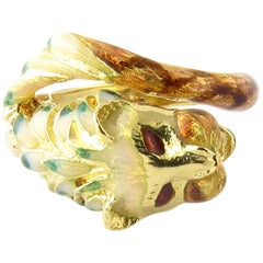 Vintage 18 Karat Yellow Gold and Enamel Lion Head Ring
