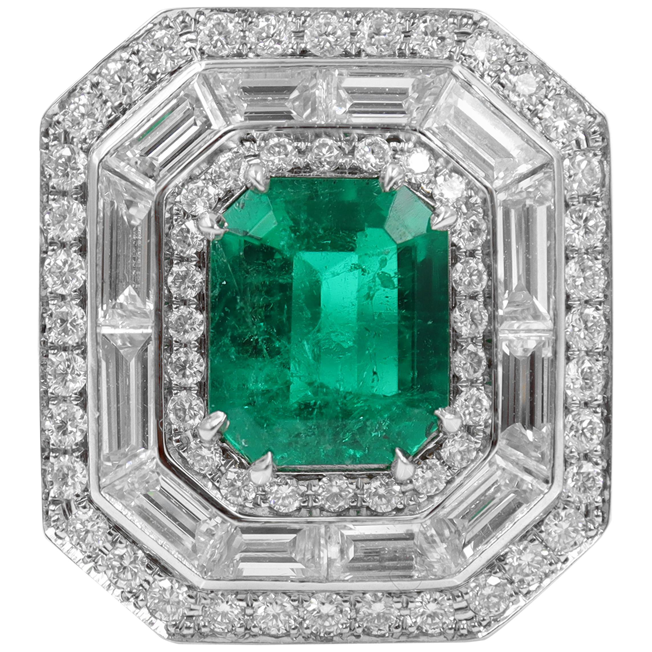 Handmade Natural Colombian Green Emerald Halo Diamond Ring Platinum