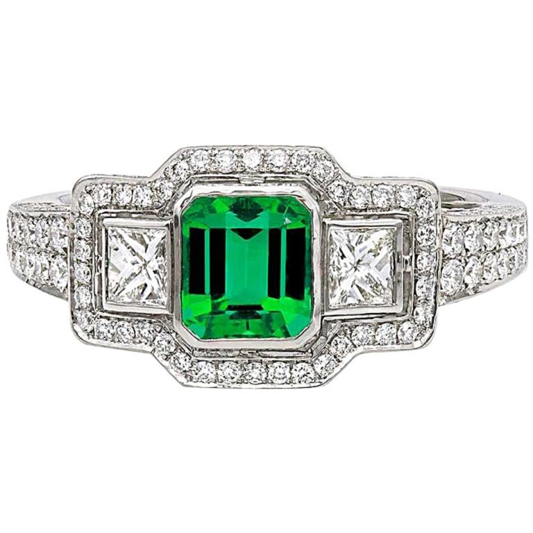 Green Emerald Diamond Engagement Ring Handmade Platinum