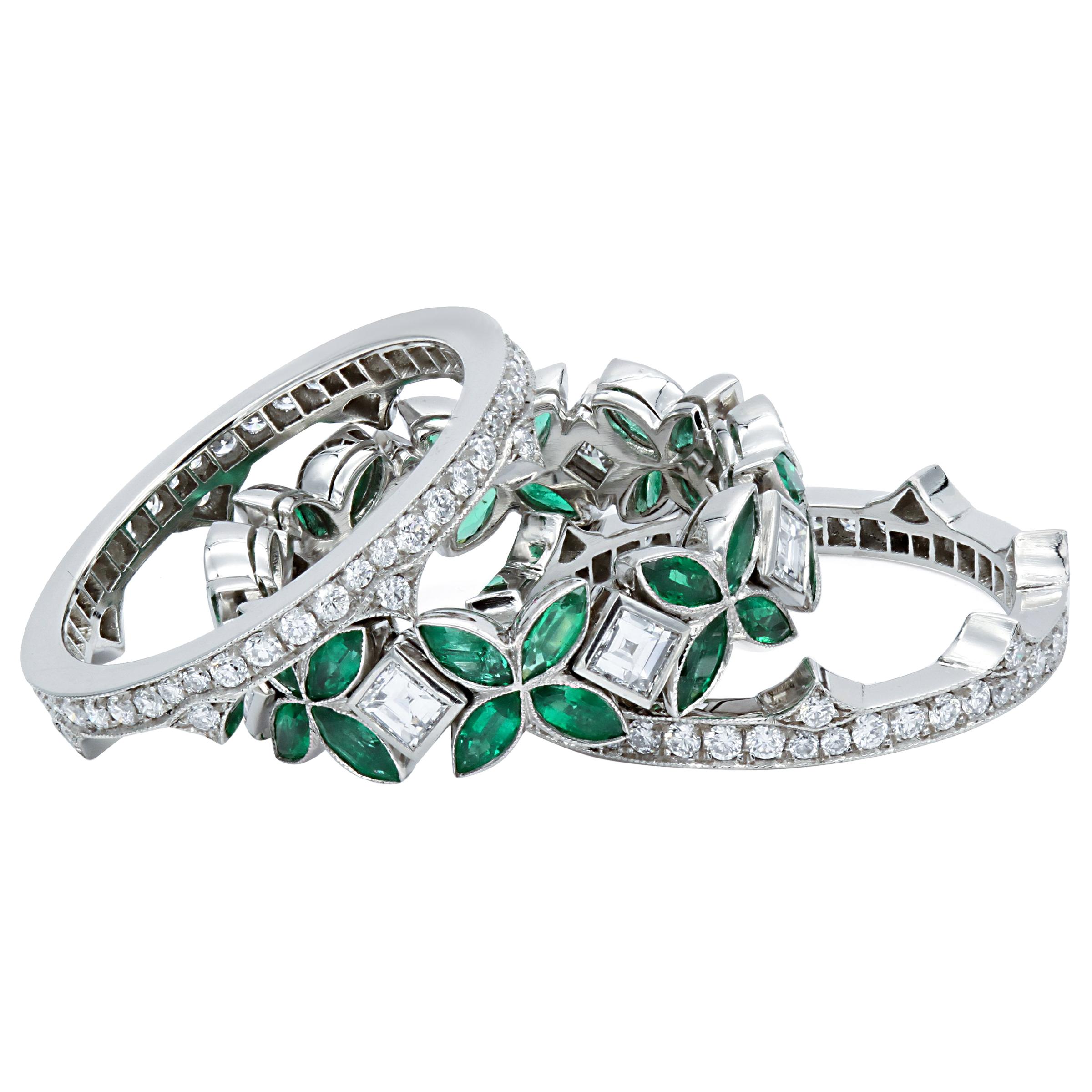 Green Emerald and Diamond Eternity Stackable Set of 3 Ring Platinum