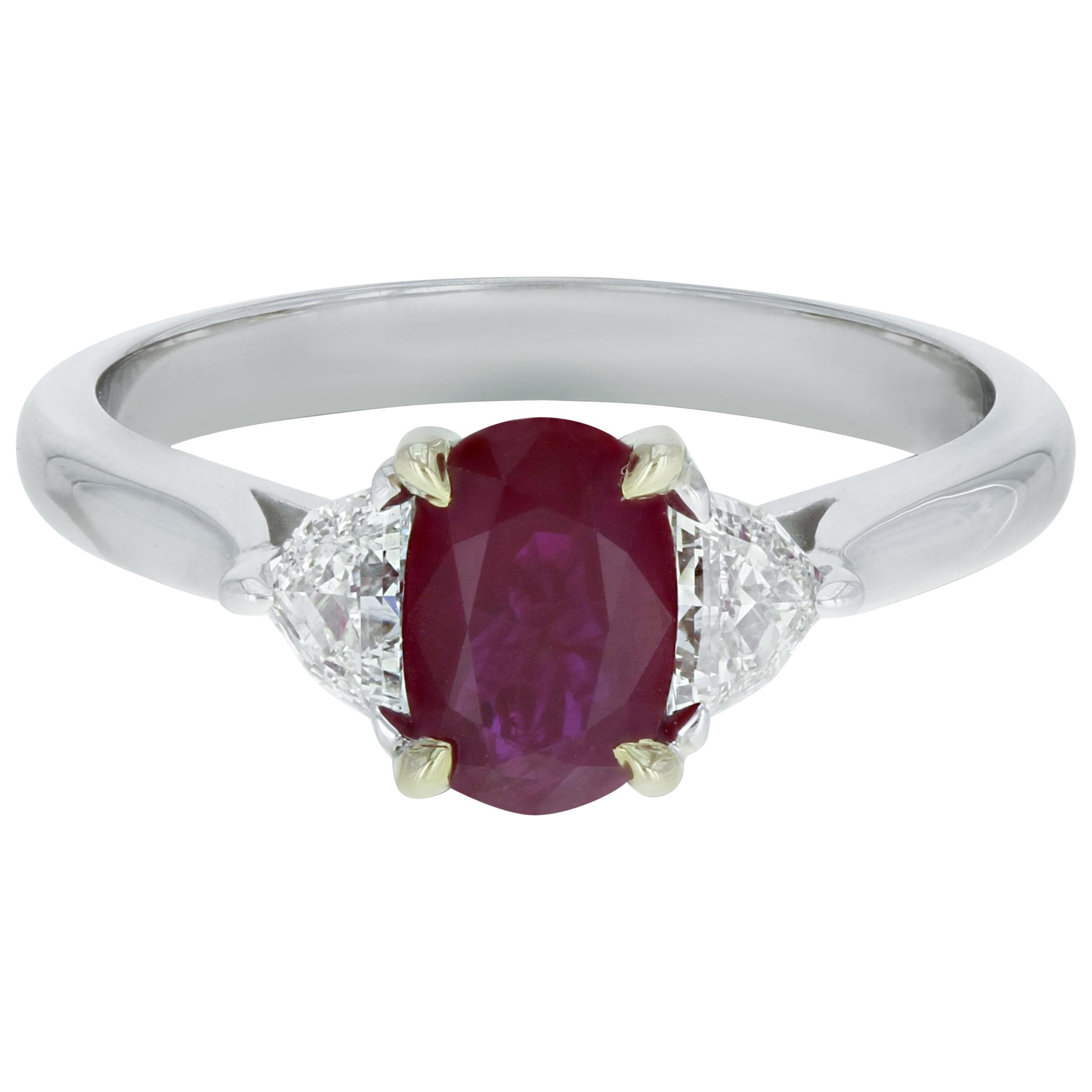 Three-Stone Oval Burma Ruby Diamond Ring 1.36 Carat 18 Karat White Gold For Sale