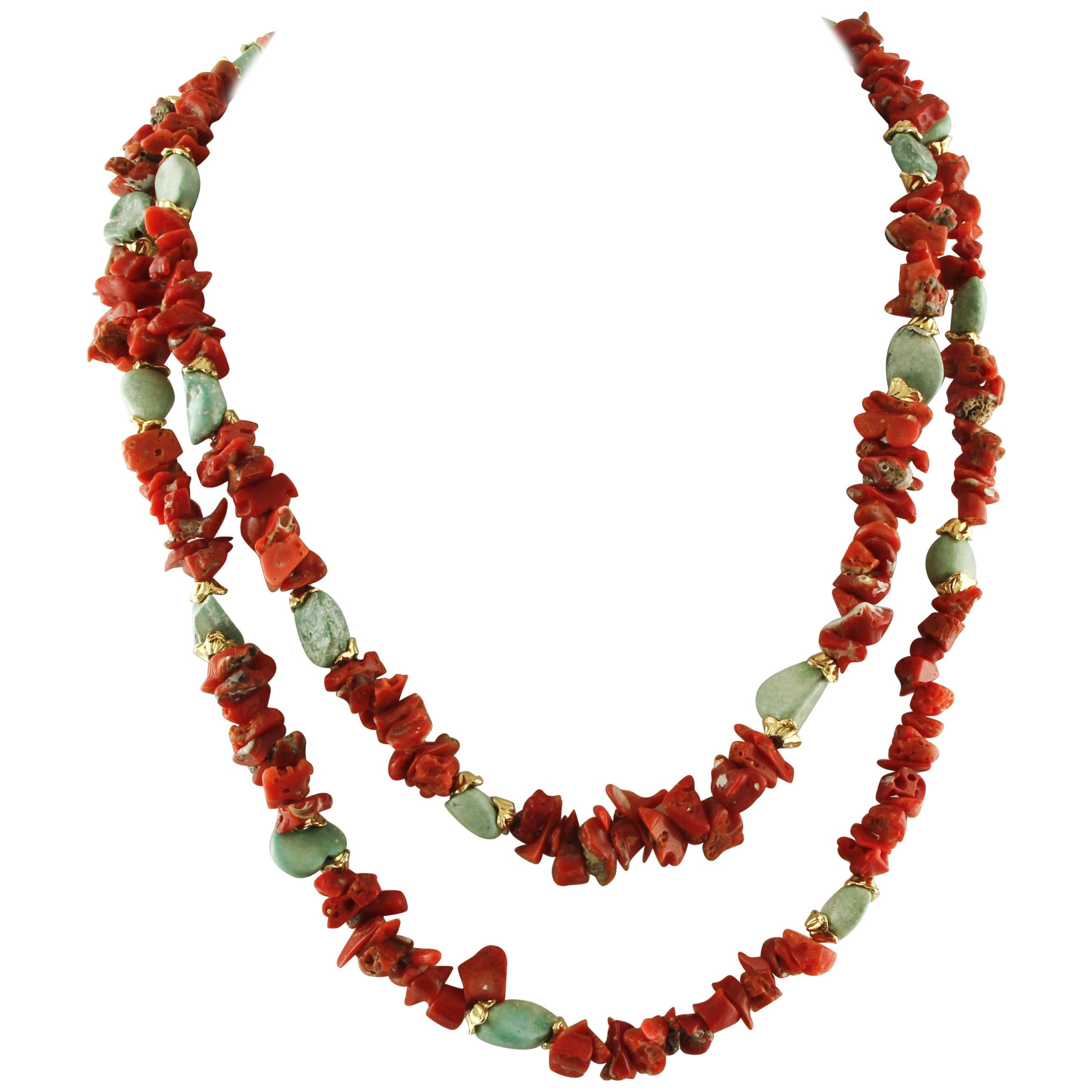 Red Corals, Turquoise Stones, Rope / Multi-Strand Necklace