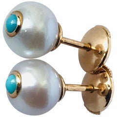 18K Rose gold, Turquoises and Pearls Stud Earrings by Frederique Berman