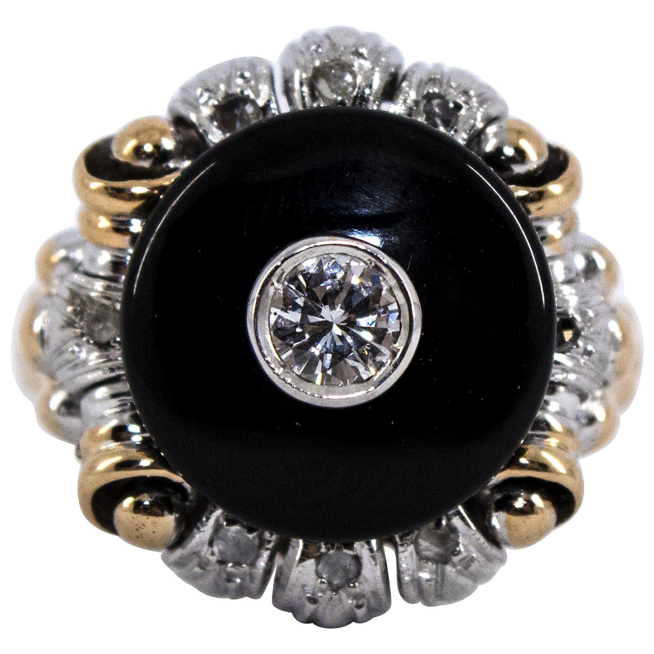 Renaissance Style 0.20 Carat White Diamond Onyx Yellow Gold Cocktail Ring