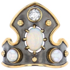 Opal Topaz Blason Ring set with Akoya Pearls in 18k yellow gold by Elie Top