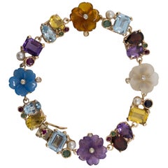 Emerald Ruby Sapphire Diamond Citrine Agate Pearl Yellow Gold Flowers Bracelet