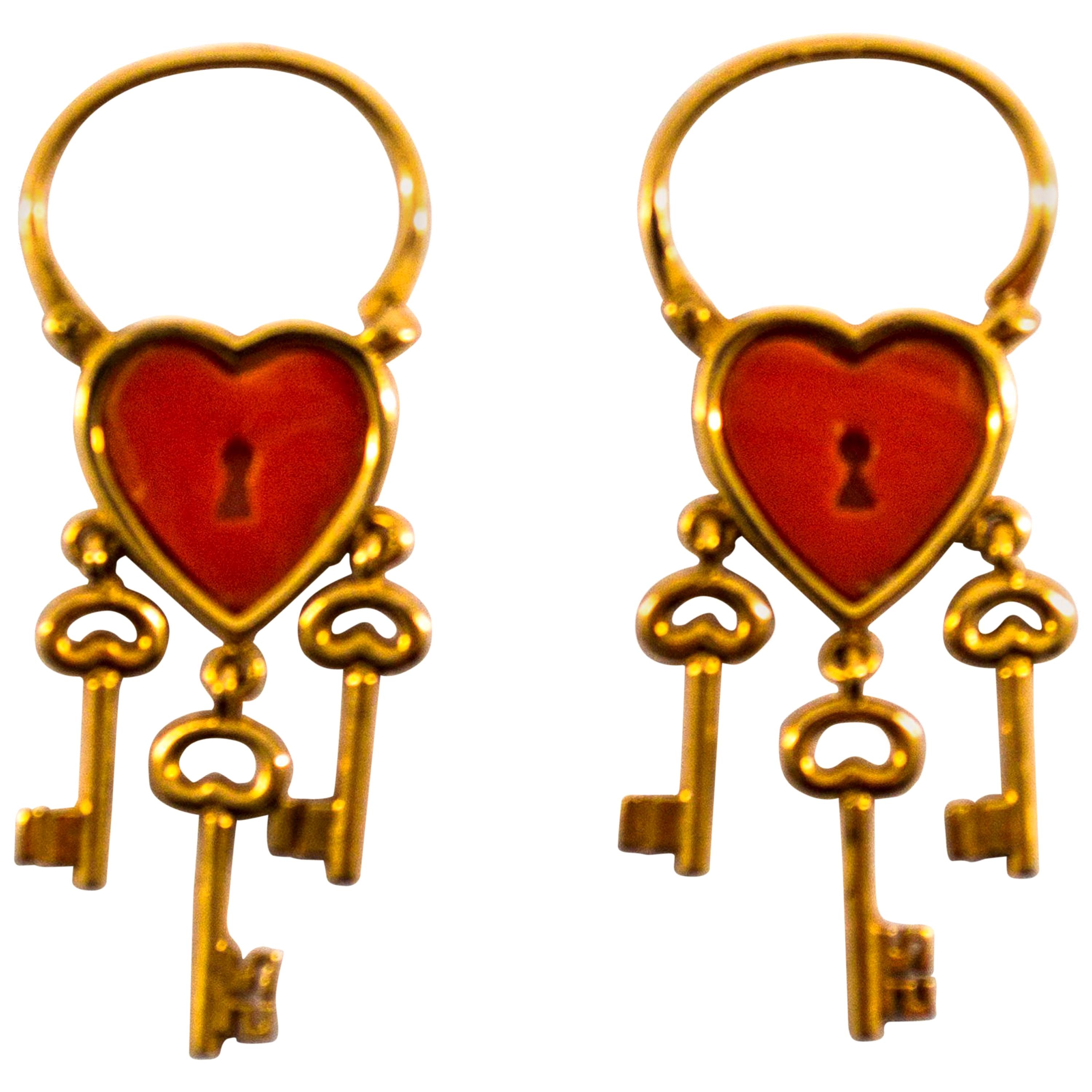 Modern Mediterranean Red Coral Yellow Gold Lever-Back Dangle Earrings