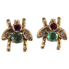 0.30 Carat Emerald Ruby 0.08 Carat White Diamond Yellow Gold Stud Flies Earrings