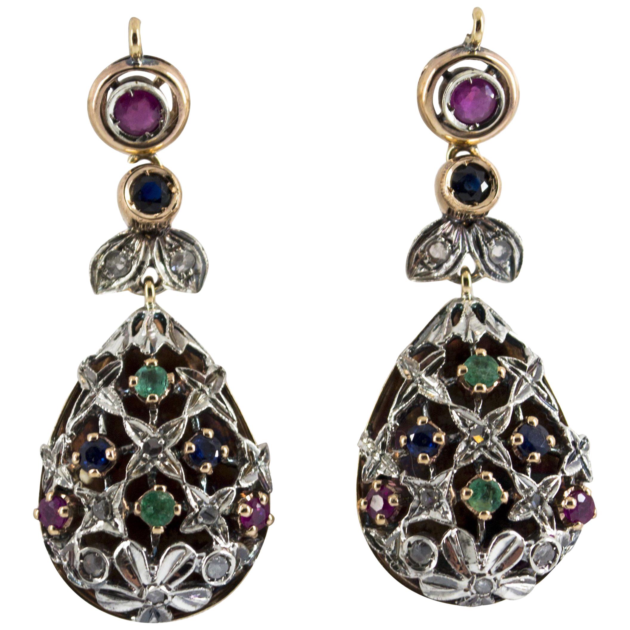 1.35 Carat Emerald Ruby Sapphire White Diamond Yellow Gold Lever-Back Earrings