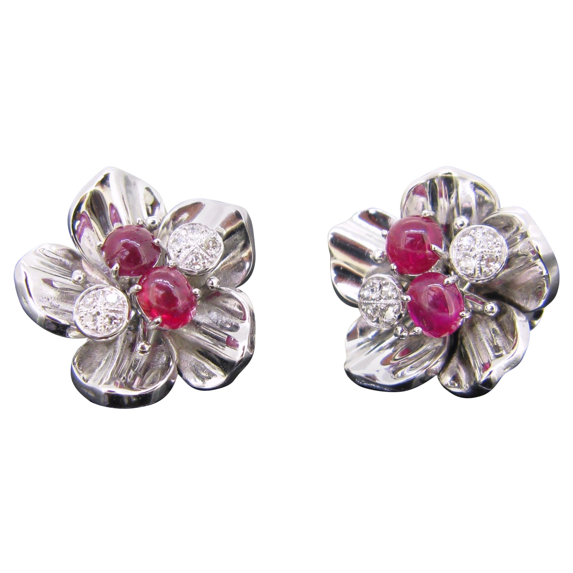 Retro Cabochon Rubies and Diamonds White Gold Flowers Earrings Clips