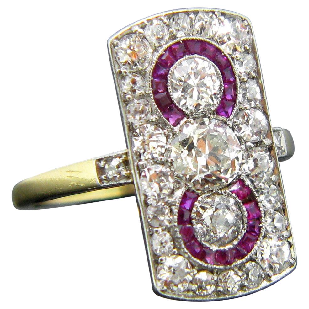 Edwardian Three-Stone Diamonds Rubies Yellow Gold Platinum Target Ring
