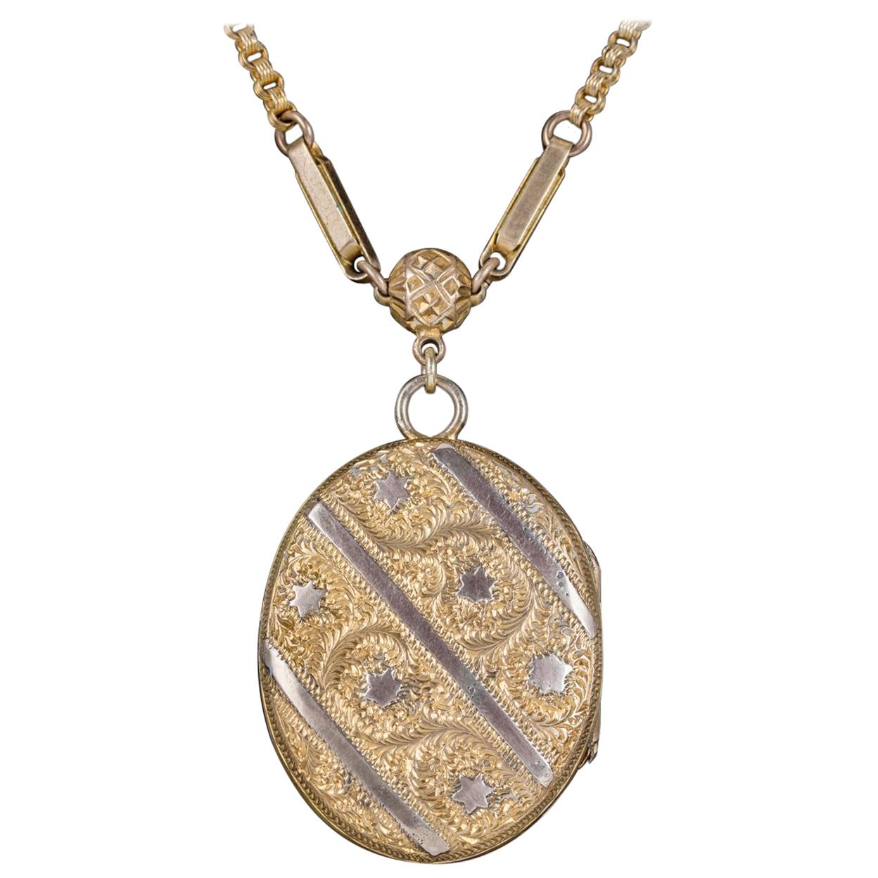 Antique Victorian Gold-Plated Locket Chain Necklace, circa 1900 For Sale
